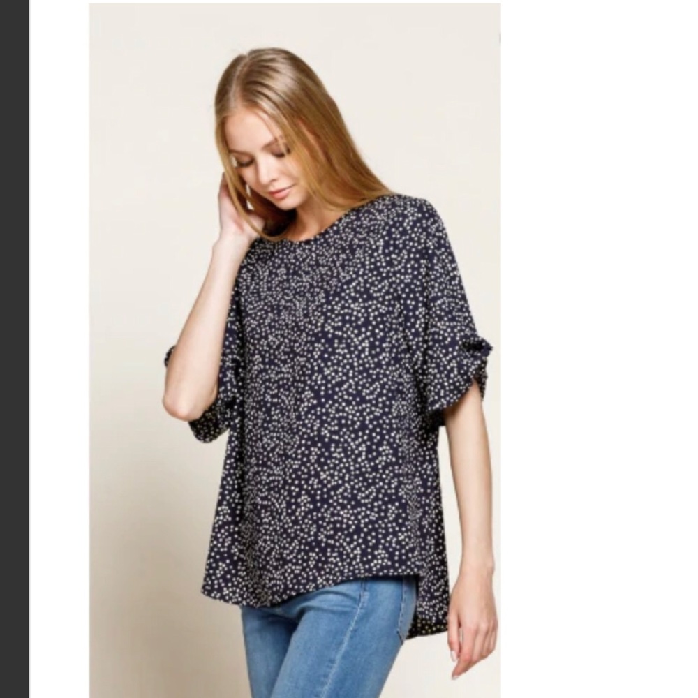 NWT Navy and White Polka Dot Blouse, Short Sleeve size medium